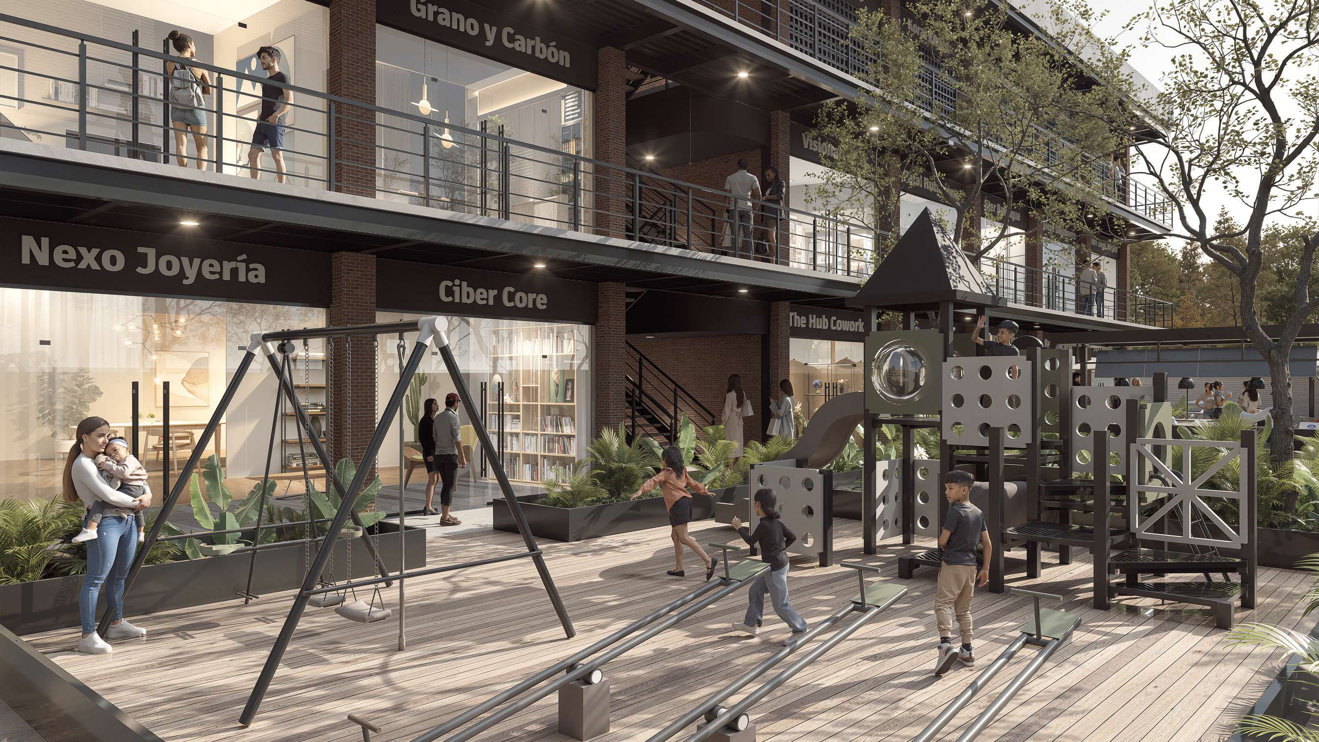 Explanada de Heritage con juegos infantiles, árboles y locales comerciales