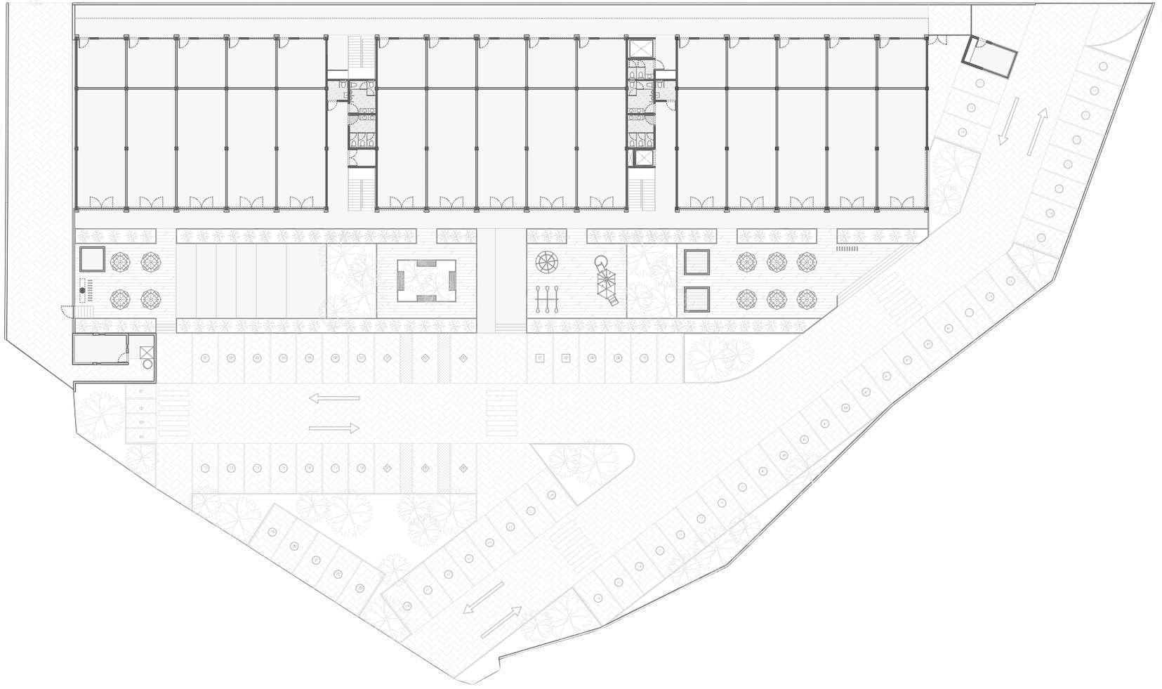 Plano del conjunto con locales, explanada, accesos y estacionamiento